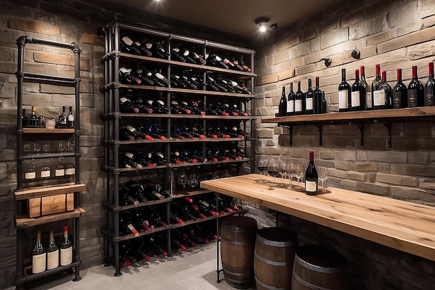 Industrial Pipe Wine Rack Wall Display in a Rustic Cellar