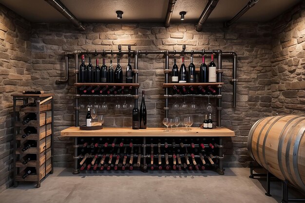 Industrial Pipe Wine Rack Wall Display in a Rustic Cellar