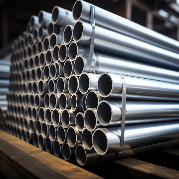 Foto la pipeline industriale attende una pila di tubi in acciaio zincato, alluminio e acciaio cromato in magazzino per la spedizione