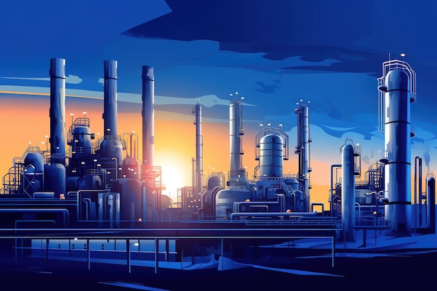 Industrial pipeline oil and gas factory blue color illustration Ai generative