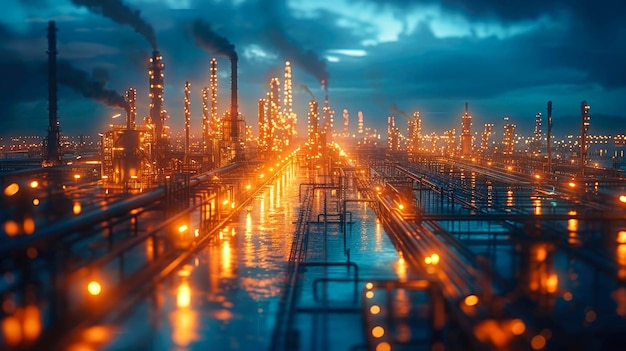 写真 石油化学工場の産業用パイプラインとバルブの青い光 産業背景