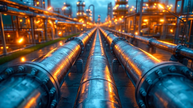 Industrial pipelines and cables in a factory industry background