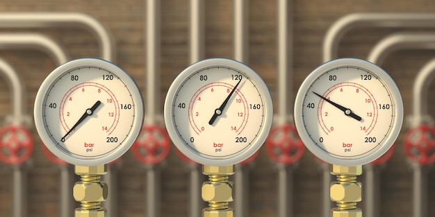 Industrial pipelines and manometers background 3d illustration