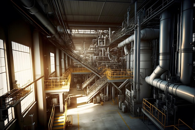 Industrial plant interior with many pipes and machinery Neural network generated art