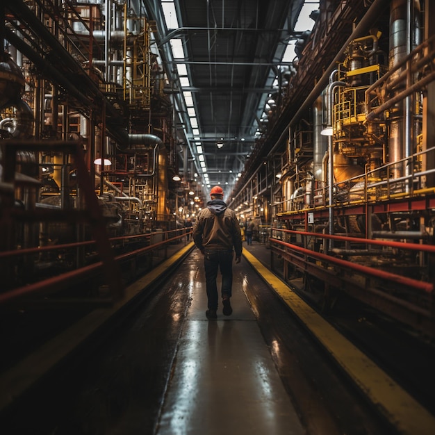 Foto persona di impianto industriale in elmetto che cammina tra i macchinari