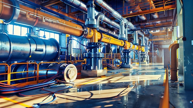 Industrial plant showcasing the power and energy of steel pipes and refinery equipment under a blue sky