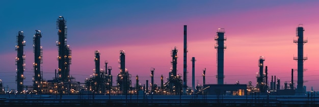 Photo industrial plant silhouette against vibrant sunset sky