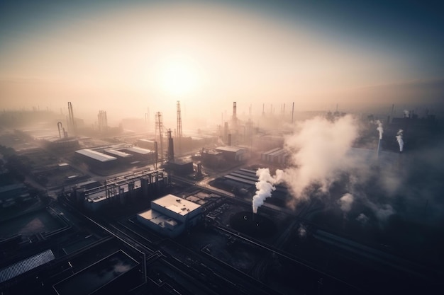 Industrial plant surrounded by haze of air pollution created with generative ai