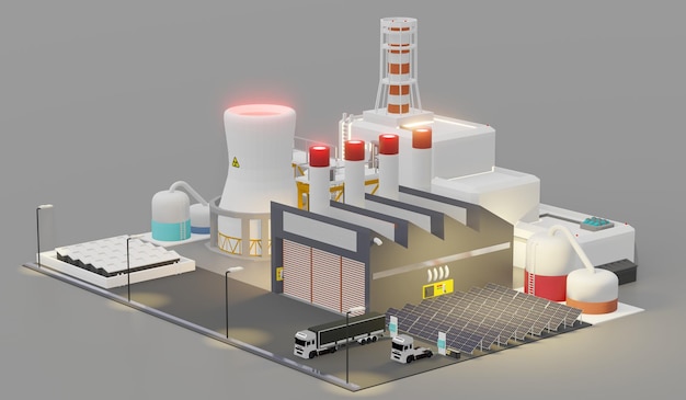 Industrial plant with solar panels EV charging electrical system in the factory solar energy 3d