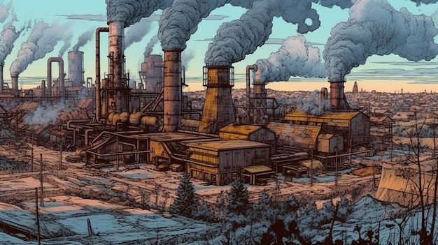 Промышленное загрязнение и его влияние на экосистемы Фантастическая концепция Иллюстрационная живопись