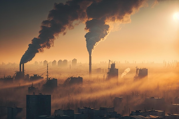 Industrial pollution at sunset with smokestacks emitting smoke Generative AI