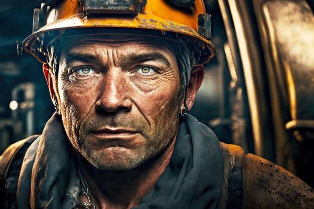 Industrial portrait of working man excavator driver at coal mining