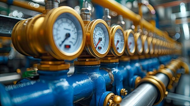 Industrial pressure gauge on pipes in the workshop of an oil and gas processing plant pressure gauge in boiler room