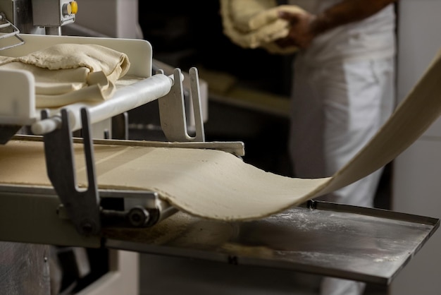 Industrial production of bakery products, preparing dough