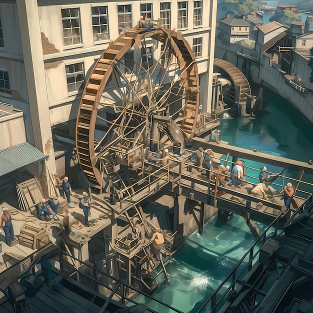 Photo industrial rebirth workers restoring abandoned waterwheel