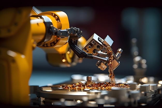 industrial robot arm in a factory production line controlled by computer software with helping rese