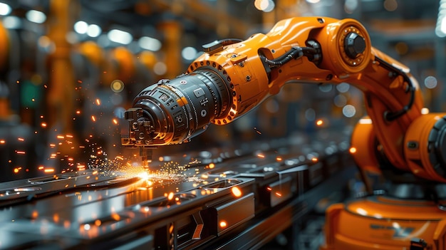 Industrial robot arm polishing a metal object sparks flying reflection of the robot in the metal surface