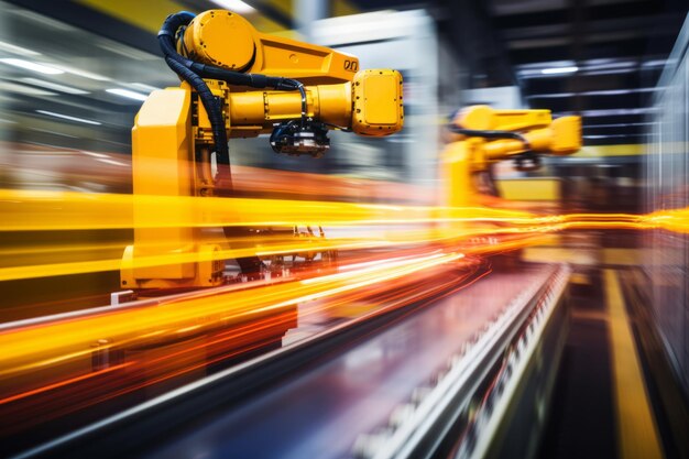 Photo industrial robot arms working on assembly line in factory