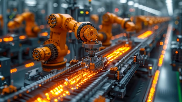 Industrial robot arms working in factory production line Concept of artificial intelligence