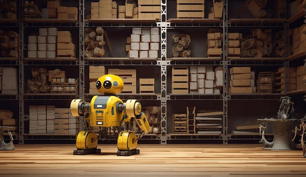 an industrial robot sitting on the shelves in a warehouse