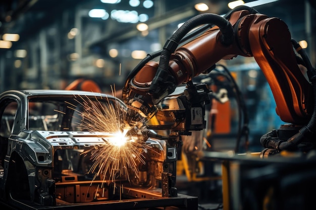 Industrial robots arm are welding automotive part in car factory AI Generative