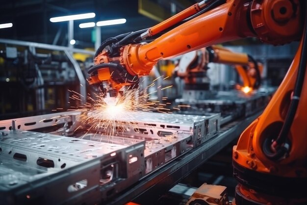 Industrial robots arm are welding automotive part in car factory AI Generative