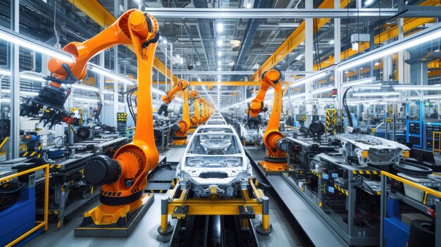 Industrial robots in an automobile factory assembling a car chassis on a production line with precision and efficiency