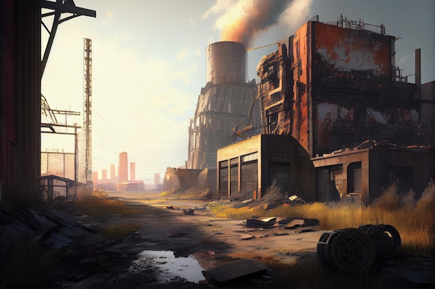 Industrial ruin with view of busy modern cityscape in the background