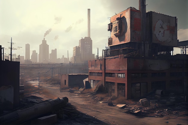 Industrial ruin with view of busy modern cityscape in the background