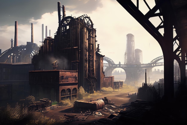 Промышленные руины с видом на оживленный современный городской пейзаж на заднем плане