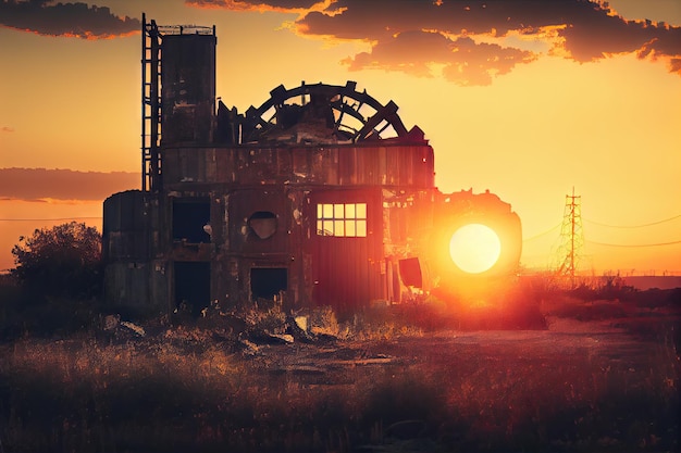 Industrial ruin with view of sun setting over the horizon