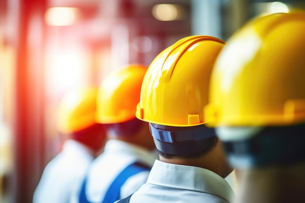 산업 안전 하드 을 착용 한 노동자 들 의 근접 사진