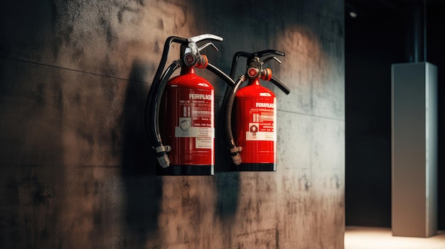 Photo industrial safety first fire extinguisher system on wall background