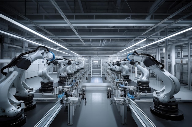 Industrial scene Robots and humans collaborate in efficient production automation generative IA