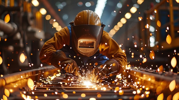 An industrial scene of steel welding in progress a welder focused on joining metal components