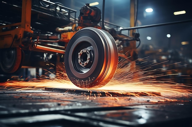 Industrial scene with sparks flying out of car wheel 3d rendering