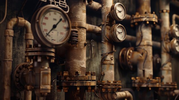 An industrial setting filled with rusty pipes and pressure gauges