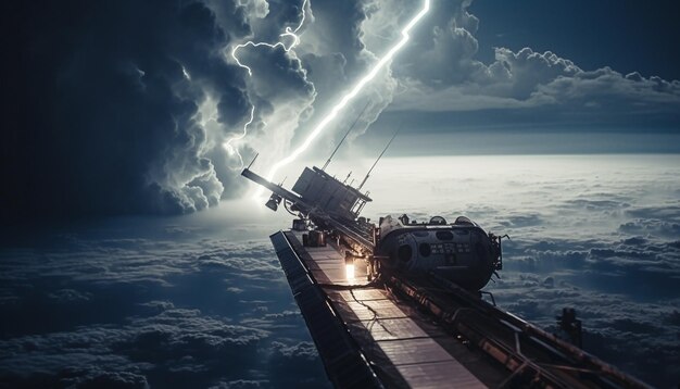Фото Промышленный корабль вырабатывает энергию из ископаемого топлива в темном ночном небе, созданном искусственным интеллектом