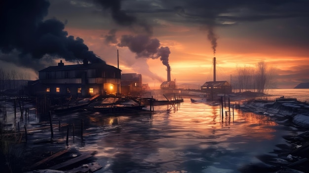 An industrial site at sunset with water and smoke Photo that draws attention to air pollution Generative AI