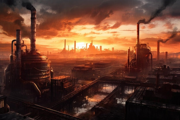 Industrial skyline with factories and smokestacks created with generative ai