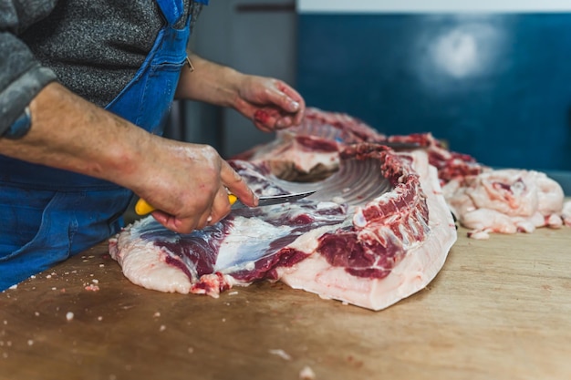 Industrial slaughterhouse worker job food industry business concept man working at the