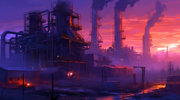 An industrial smoke factory near sunset in the style of raw and emotional imagery