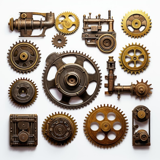 Industrial Steampunk Gear Assets Vector Designs with Bronze Machinery and Pipes on Solid White Back