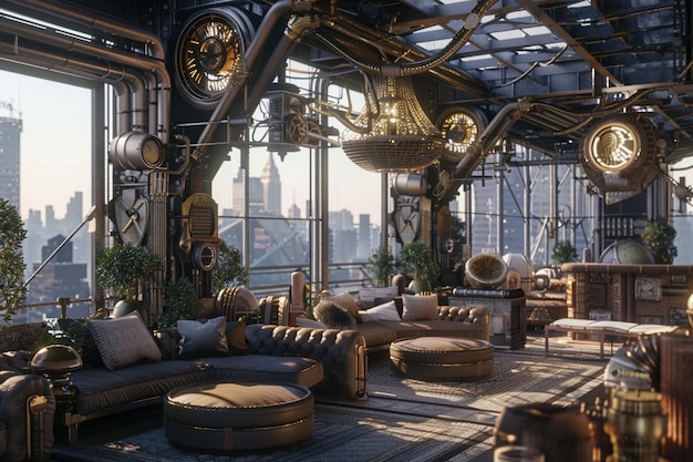 Photo industrial steampunkthemed rooftop lounging zones