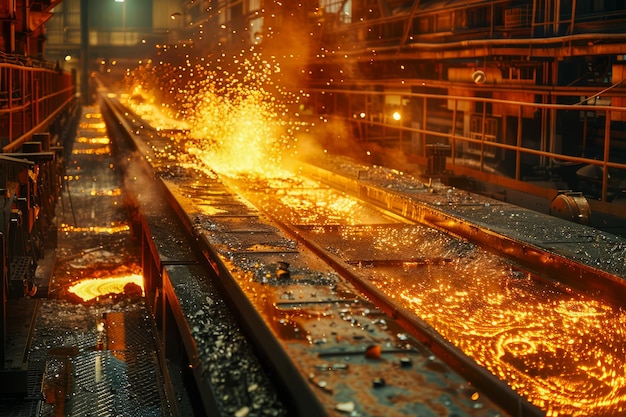 Photo industrial steel mill working with molten metal on conveyor belt at night