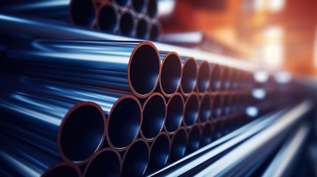 Industrial steel pipes with blurred background copy space for text