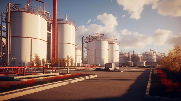 Industrial storage tanks at sunset with reflection in water serene industrial landscape