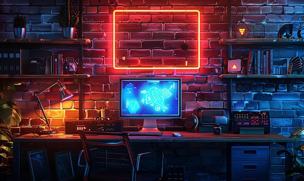 Photo industrial style home office with metal shelving and a vinta interior room neon light vr concept
