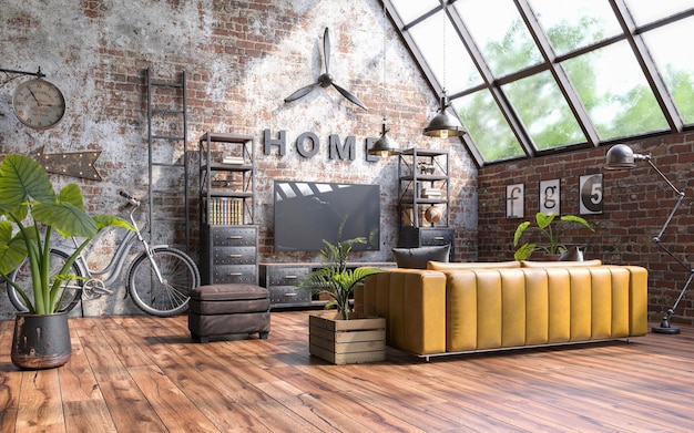 Industrial style of interior design with grunge walls Loft style 3d render