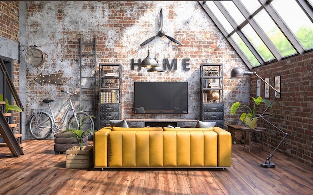 Stile industriale di interior design con pareti grunge rendering 3d in stile loft